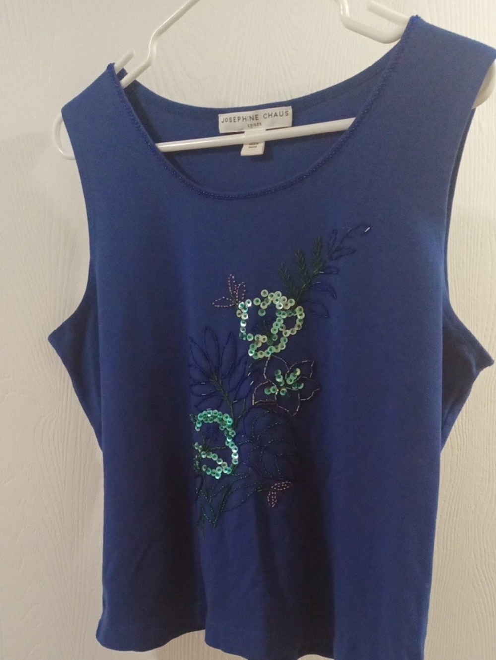 Josephine Chaus Navy Blue Sleeveless Tank with Green Sequin Floral Accents